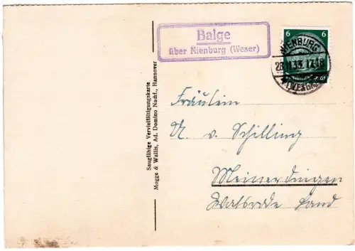 DR 1935, Landpost Stpl. BALGE über Nienburg (Weser) auf Karte m. 6 Pf .
