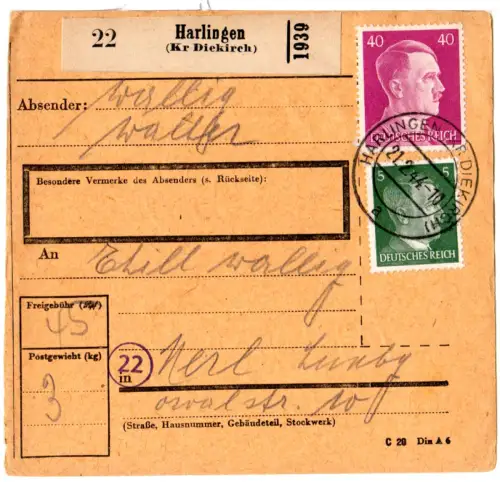 Luxemburg 1944, 5+40 Pf. auf Paketkarte v. Harlingen (Kr. Diekirch)