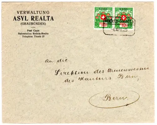 Schweiz 1929, 2x10 C. Portofreiheit (1101) auf Brief m. R2 Rodels-Realta