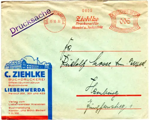 DR 1930, 5 Pf. AFSt. Zielke Druckerei auf Brief v. Bad Liebenwerda