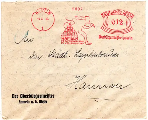 DR 1936, 12 Pf. AFSt. Oberbürgermeister Hameln auf Brief n. Hannover