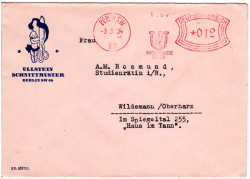 DR 1934, 12 Pf. AFSt. Ullstein Kochstrasse 22-25 auf Brief v. Berlin SW68