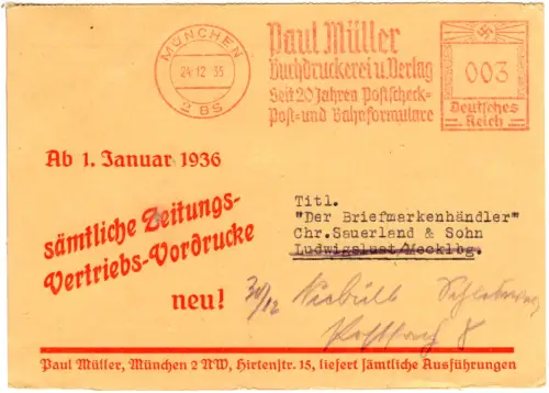 DR 1935, 3 Pf. AFSt. Paul Müller Buchdruckerei auf Firmen Karte v. München