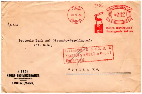 DR 1934, 12 Pf. AFSt. Hirsch Kupfer- und Messingwerk auf Brief v. Finow (Mark)