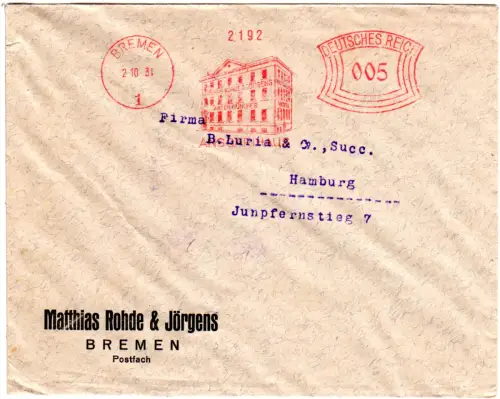 DR 1931, 12 Pf. AFSt. Matthias Rohde & Jörgens auf Brief v. Bremen