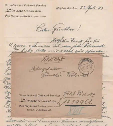 DR 1943, Feldpost Brief m. Inhalt v. Stephanskirchen an Luftgau-Postamt 13899a