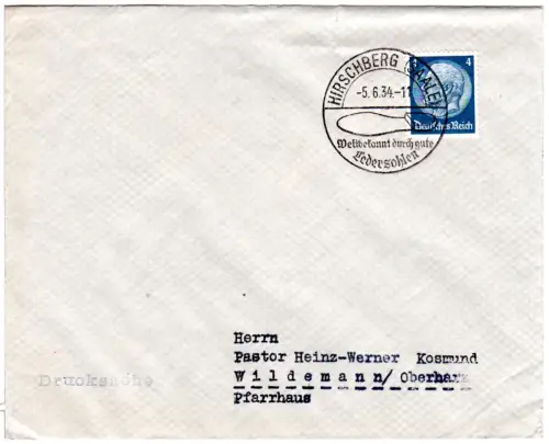 DR 1934, 4 Pf. auf DS-Brief m. Werbestpl. Hirschberg (Saale) ...gute Ledersohlen