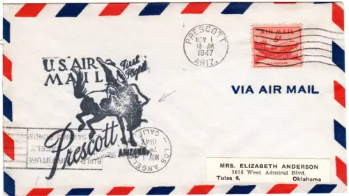 USA 1947, Brief m. 5 C. u. Prescott Arizona Erstflug Stpl. m. Rodeo Reiter 