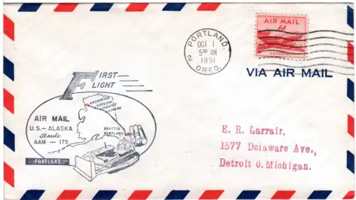 USA 1951, Brief m. 6 C. u. Portland Erstflug Stpl. m. Caterpillar Holztransport