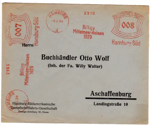 DR 1929, 7+8 Pf., 2 AFSt. Billige Mittelmeer-Reisen auf Brief v. Hamburg