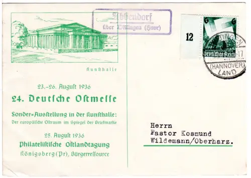 DR 1936, Landpost Stpl. ABBENDORF über Wittingen (Hnvr) auf Karte m. 6 Pf.