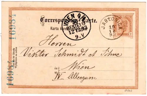 Österreich 1893, Galizien-K1 Jablonica klar auf 2 Kr. Ganzsachenkarte