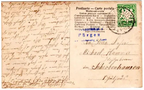 Bayern 1908, Posthilfstelle PÜRGEN Taxe Landsberg a. Lech auf Karte m. 5 Pf.