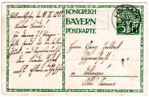 Bayern 1911, Posthilfstelle WILLMATSHOFEN Taxe Fischach auf 5 Pf. Ganzsache