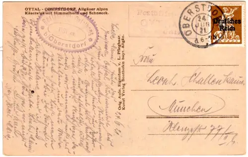Bayern 1921, R3 Posthilfstelle OYTHAL Taxe Oberstdorf auf sw-AK m. DR 40 Pf.