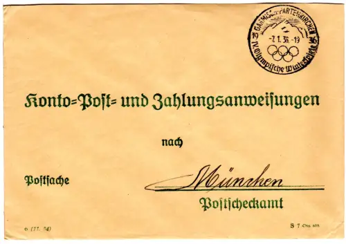 DR 1936, Olympiade Sonderstempel auf Postscheck Brief v. Garmisch-Partenkirchen