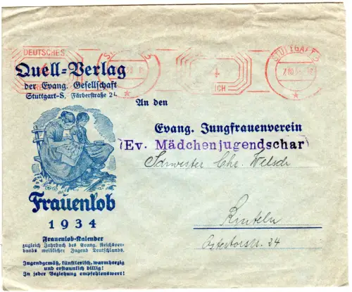 DR 1933, illustrierter Frauenlob Vordruckumschlag m. Stuttgart 4 Pf. Freistempel