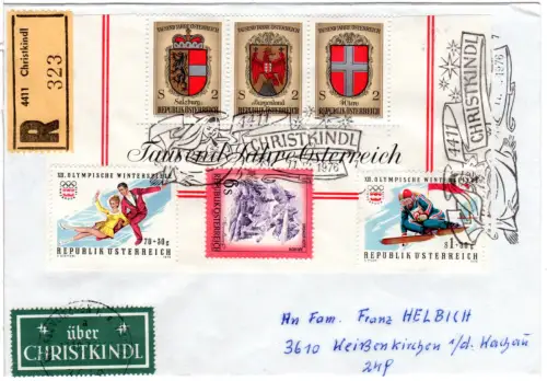 Österreich 1976, Christkindl, Einschreiben Brief m. 6 Marken u. grünem Etikett 