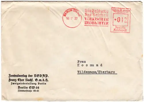 DR 1937, 12 Pf. AFSt. Völkischer Beobachter auf NSDAP Brief v. Berlin