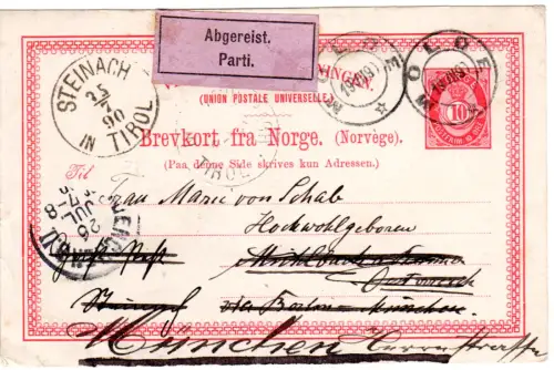 Norwegen 1890, 10 öre Ganzsache m. Steinach Österreich rosa Abgereist Zettel