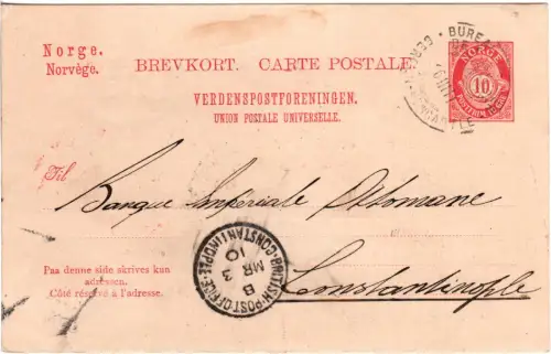 Norwegen 1910, 10 öre Ganzsache m. Schiffspost-Stpl. v. Bergen n. Constantinopel