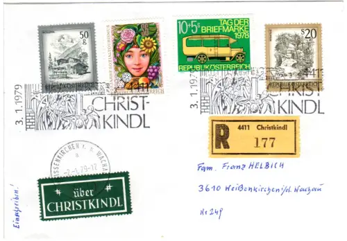 Österreich 1979, Christkindl, Einschreiben Brief m. 4 Marken u. grünem Etikett
