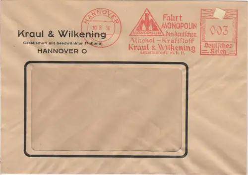 DR 1936, 3 Pf. AFSt. Fahrt Monopolin Alkohol-Kraftstoff auf Brief v. Hannover