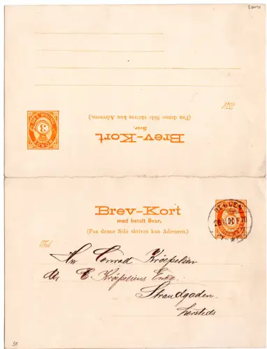 Norwegen 1890, BERGEN PY-POST Stempelfehler auf 3 öre Orts Doppel-Karte