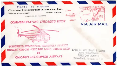 USA 1957, 6 C. helicopter metermark auf Chicago Airways Hubschrauber-Post Brief