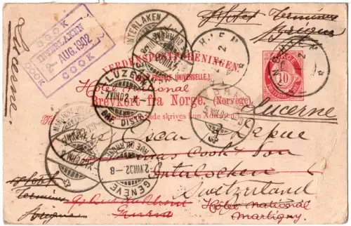 Norwegen 1902, 10 öre Ganzsache m. Schweiz Nachsendung u. 2 Cook-Stempeln
