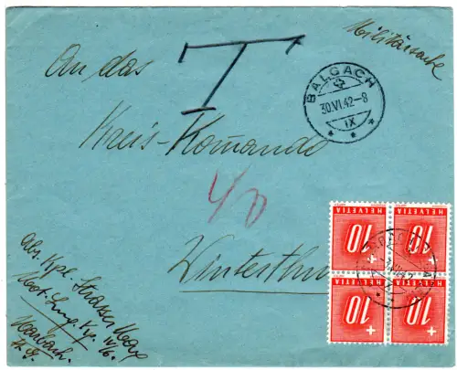 Schweiz 1942, Militärsache Brief v. Balgach m. 4er-Block 10 C. Porto