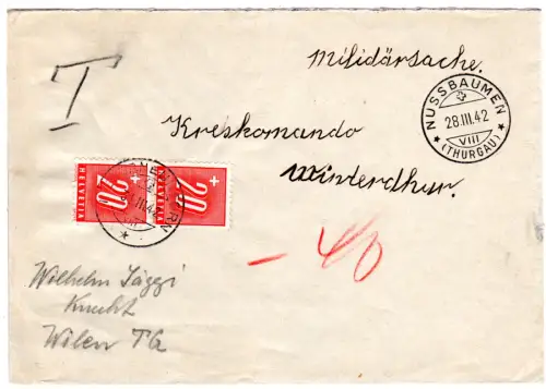 Schweiz 1941, 2x20 C. Portomarken auf nicht anerkanntem FP Brief v. Nussbaumen