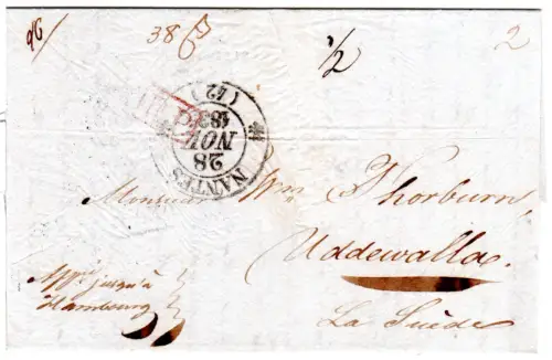 Frankreich 1835, K2 Nantes auf Teil-Franko Brief via Hamburg n. Schweden 