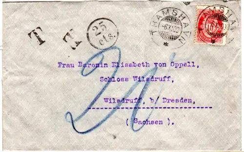 Norwegen 1909, 10 öre auf Brief m. Portostempel v. Thamshavn n. Deutschland 