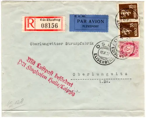 Norwegen 1932, 5+2x35 öre auf Luftpost Reko-Brief v. Oslo n. Deutschland