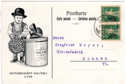 Schweiz 1939, Paar 5/7 1/2 C. Tellknabe auf Reklame Karte v. Lyss