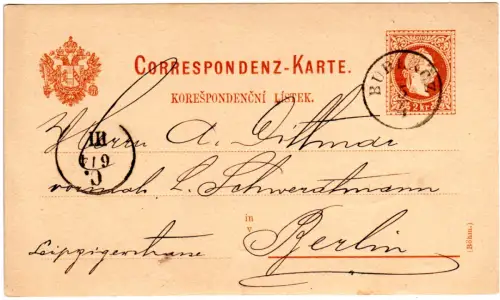Österreich 1880, Böhmen-K1 Bubencz auf 2 Kr. Ganzsachenkarte