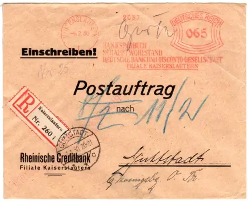 DR 1930, 65 Pf. AFSt. Deutsche Bank auf Postauftrag Brief v. Kaiserslautern
