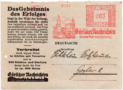 DR 1933, 3 Pf. AFSt. Görlitzer Nachrichten Heimatzeitung auf illustrierter Karte
