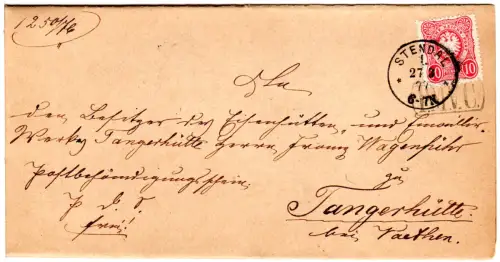 DR 1877, 10 Pfge. auf Brief v. Stendal n. Tangerhütte m. R1 P.M.V.C.