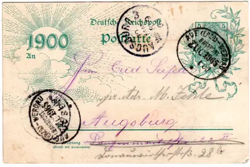 DR 1900, 5 Pf. JH-Wende Ganzsache m. Bahnpost Aue (Erzg)-Werdau n. Bayern