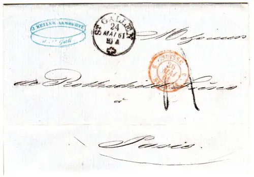Schweiz 1861, K1 St. Gallen auf Brief m. rotem Grenz- u. Frankreich Porto-Stpl.