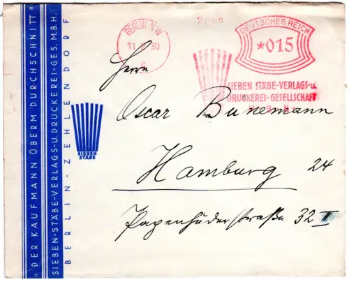 DR 1930, 15 Pf. AFSt. Sieben Stäbe Verlag u. Druckerei auf Brief v. Berlin
