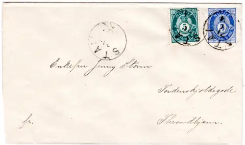 Norwegen 1894, 5 öre grün als Zusatz auf 5 öre Ganzsachenumschlag v. Stai