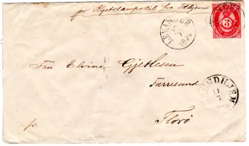 Norwegen 1874, 3 Sk. Ganzsachenumschlag v. Trondhjem via Aalesund n. Florö.