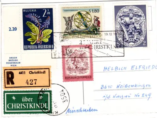 Österreich 1974, Christkindl, Einschreiben Karte m. 4 Marken u. grünem Etikett. 