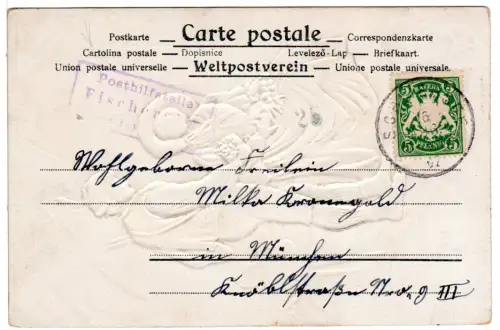 Bayern 1907, Posthilfstelle FISCHERALM Taxe Bayrischzell auf Karte m. 5 Pf.