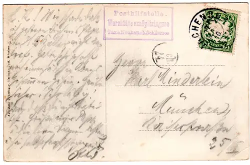 Bayern 1910, Posthilfstelle Wurzhütte am Spitzingsee auf Karte m. 5 Pf.