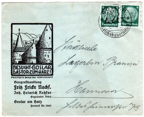 DR 1936, 2x6 Pf. auf Brief m. Abb. u. Werbestpl. Goslar (Harz) Reichsbauernstand