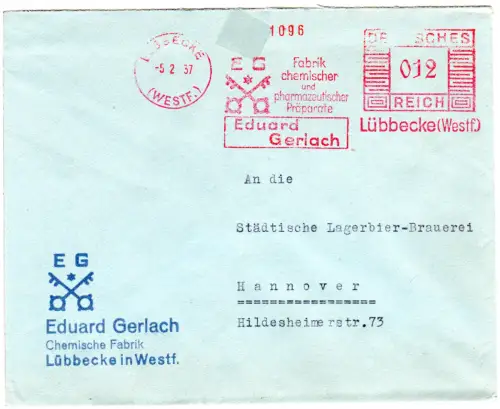 DR 1937, 12 Pf. AFSt. Gerlach Fabrik chemischer Präparate auf Brief v. Lübbecke